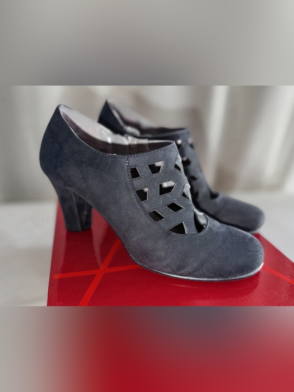 AEROSOLES Black Suede Geometric Cutout Block Heels